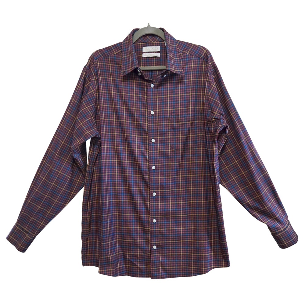 Roundtree & Yorke Gold Label Mens LT Plaid Non-Iron Button Down Shirt Wine Blue